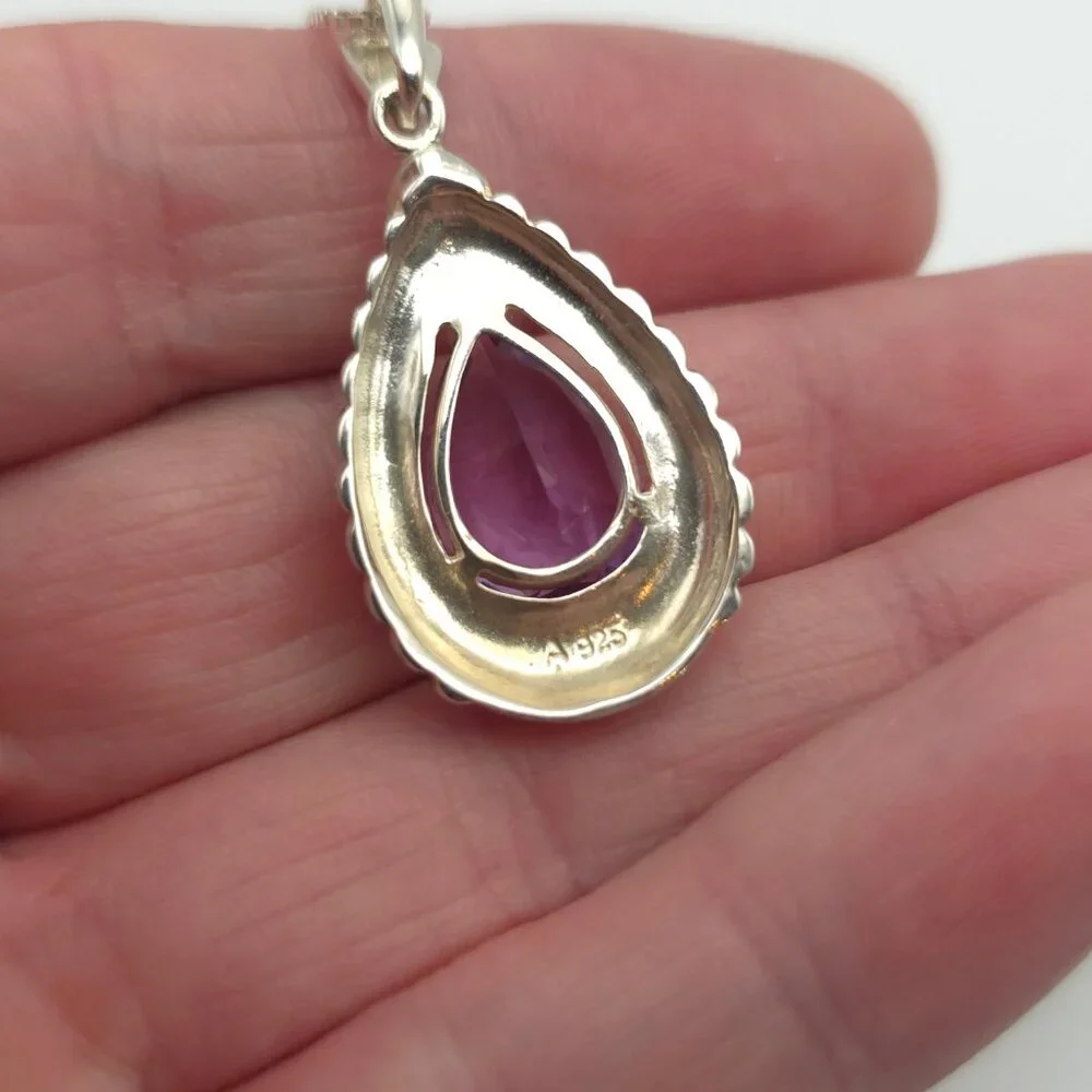 24 Inch 925 Sterling Silver Large Pear Amethyst Gem Pendant Necklace - Picture 5 of 8